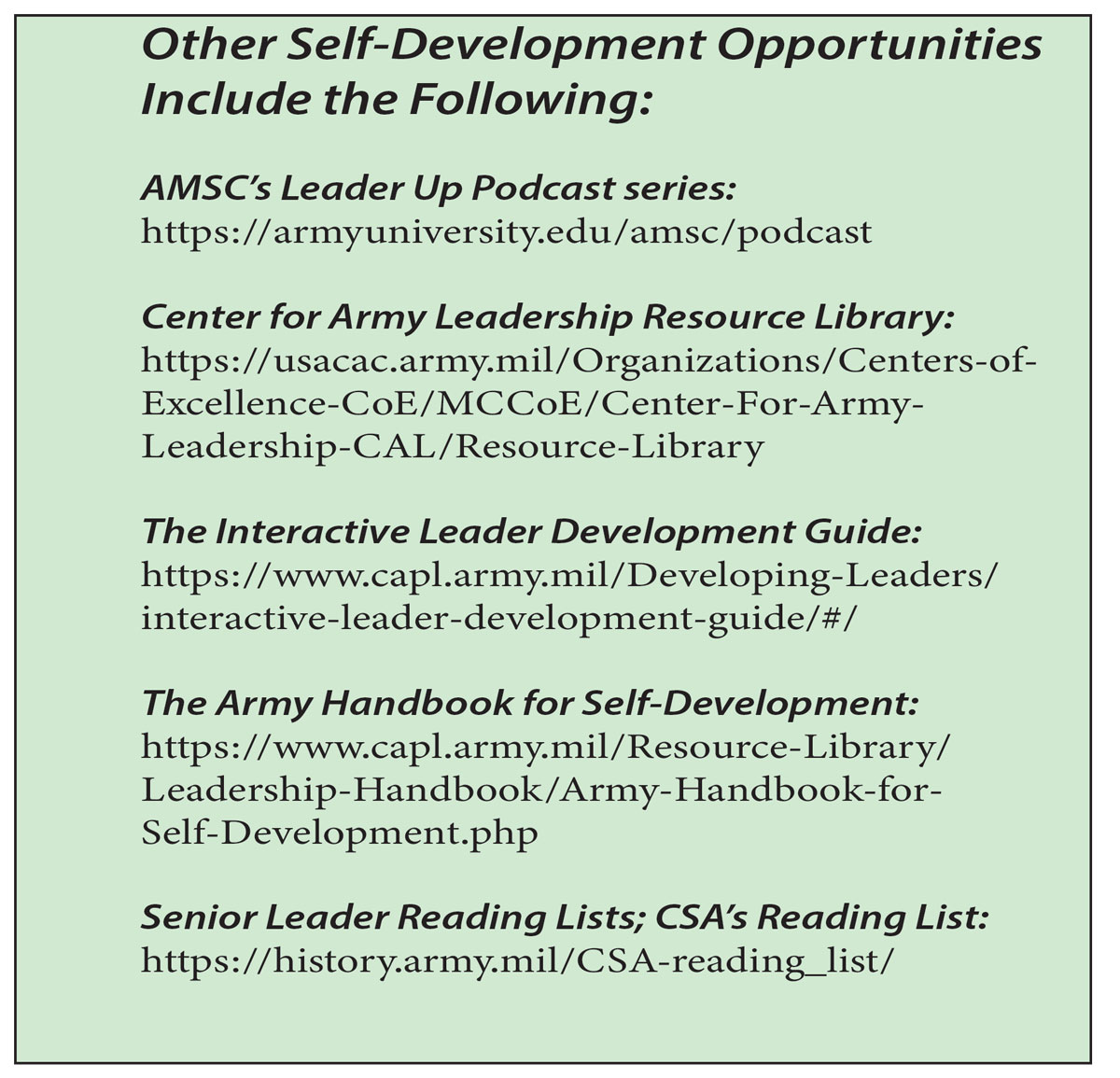 A green box highlights self-development opportunities for Army civilians, including URLs for resources such as podcasts, leadership libraries, guides, handbooks, and reading lists.
