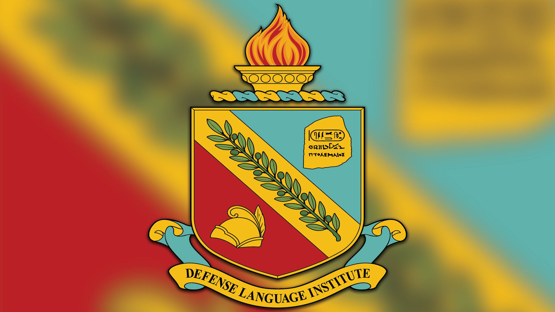 Emblem of the Defense Language Institute featuring a torch above a shield with a laurel branch, a helmet, and ancient script, along with a ribbon reading 'Defense Language Institute'.
