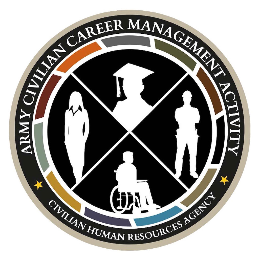 The logo of the Army Civilian Career Management Activity. It features a circular design with four white silhouettes representing diverse individuals—one in a business outfit, one in a graduation cap, one in a wheelchair, and one in uniform—arranged in quadrants on a black background. The outer ring displays the organization's name and is accented with colored segments and stars.
