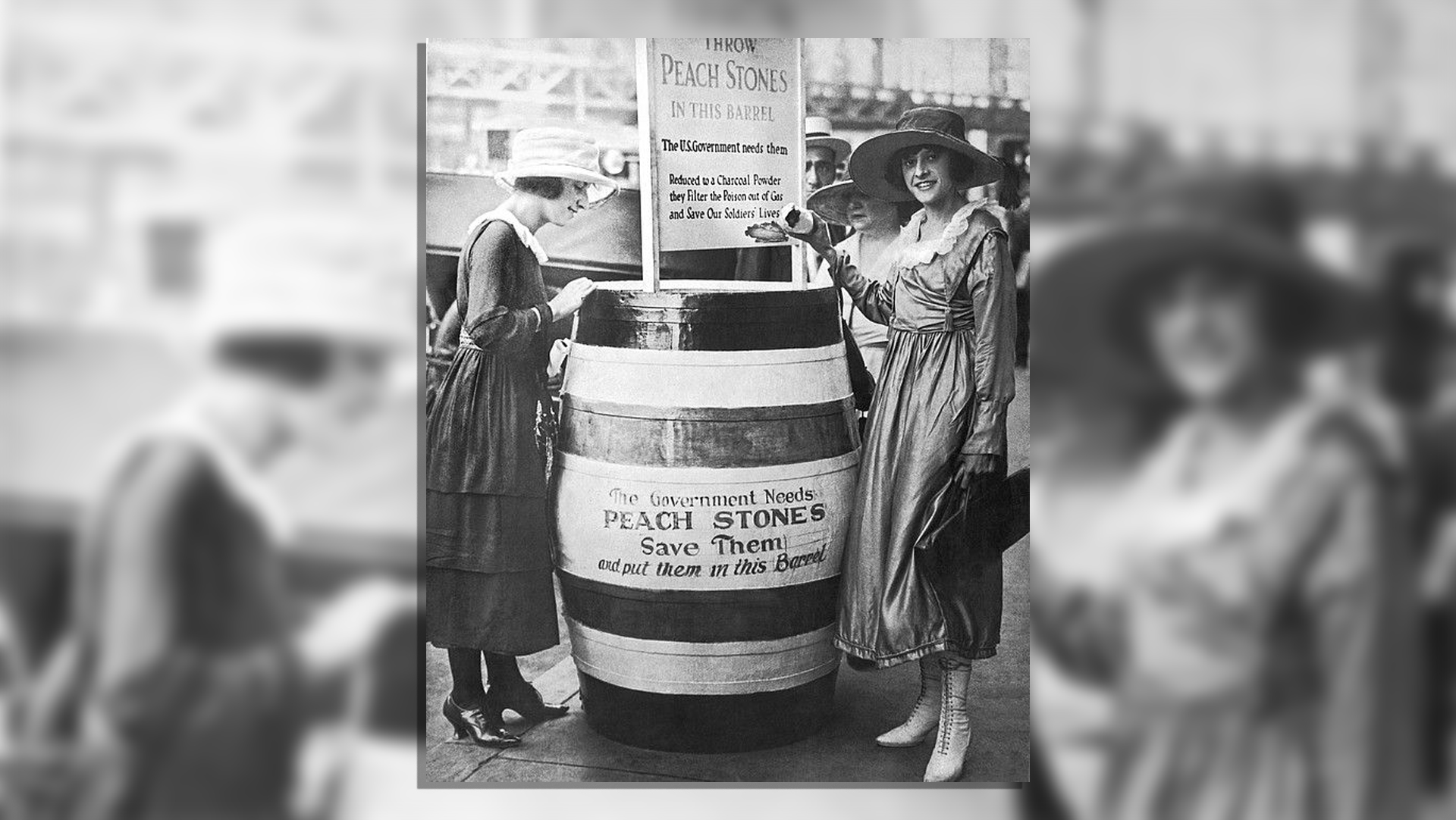 A black and white historical photograph showing two women standing beside a large barrel labeled 'The Government Needs PEACH STONES' and 'Save Them.' The women are wearing early 20th century clothing including wide-brimmed hats and long dresses. The barrel appears to be a collection point for peach pits during World War I.