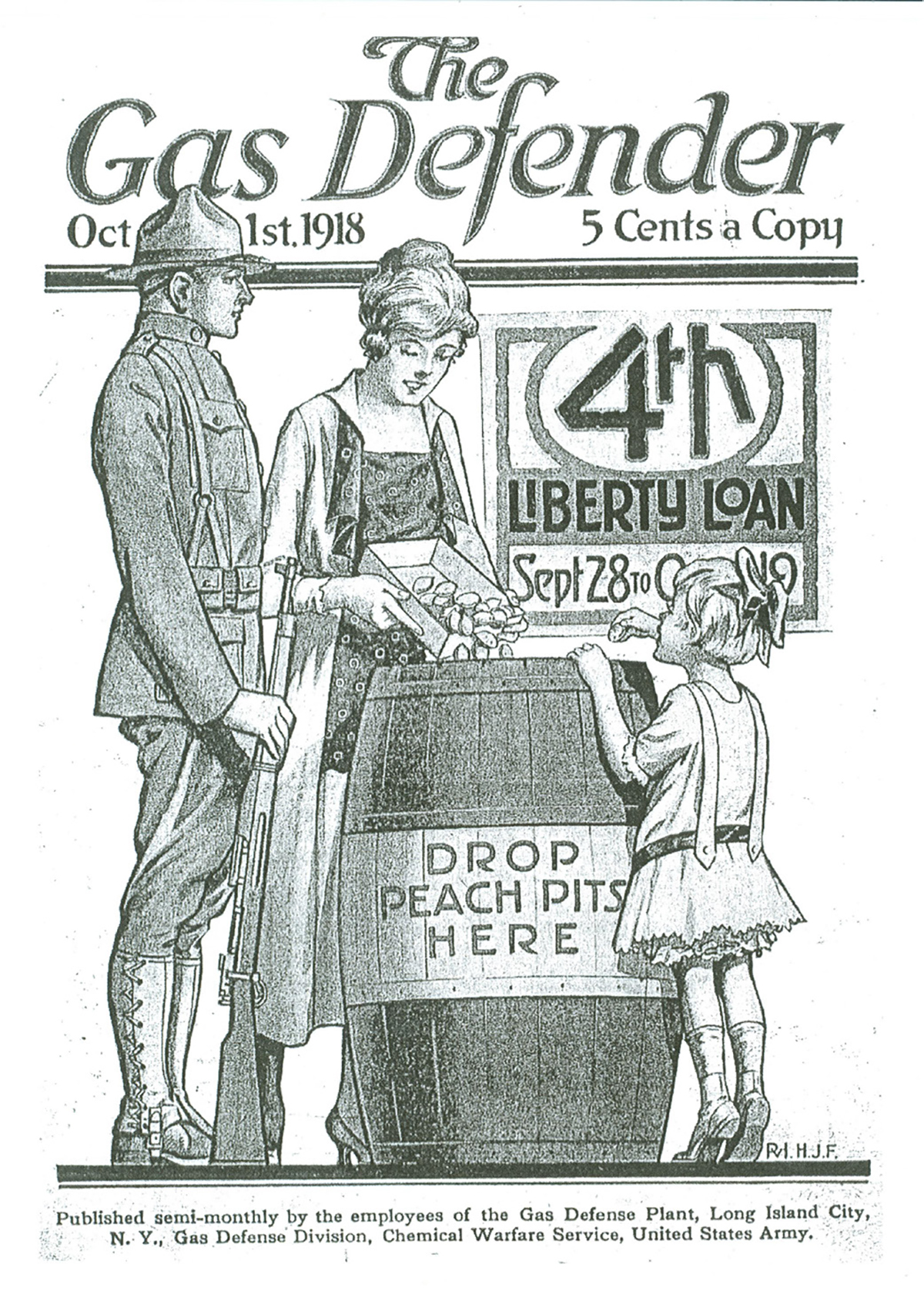 The cover of 'The Gas Defender' newspaper dated October 1st, 1918, priced at 5 cents. It shows an illustration of a soldier, a woman, and a little girl around a barrel labeled 'DROP PEACH PITS HERE' promoting the 4th Liberty Loan campaign that ran September 28 - October 19, 1918.