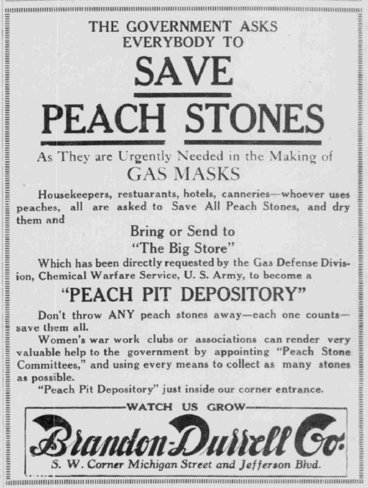  A World War I era advertisement with the headline 'THE GOVERNMENT ASKS EVERYBODY TO SAVE PEACH STONES' explaining that peach stones were 'Urgently Needed in the Making of Gas Masks.' The notice calls on households, restaurants, and others to collect peach stones and pits, and send them to collection points, signed by the 'Staunton District Gas Defense Division.'