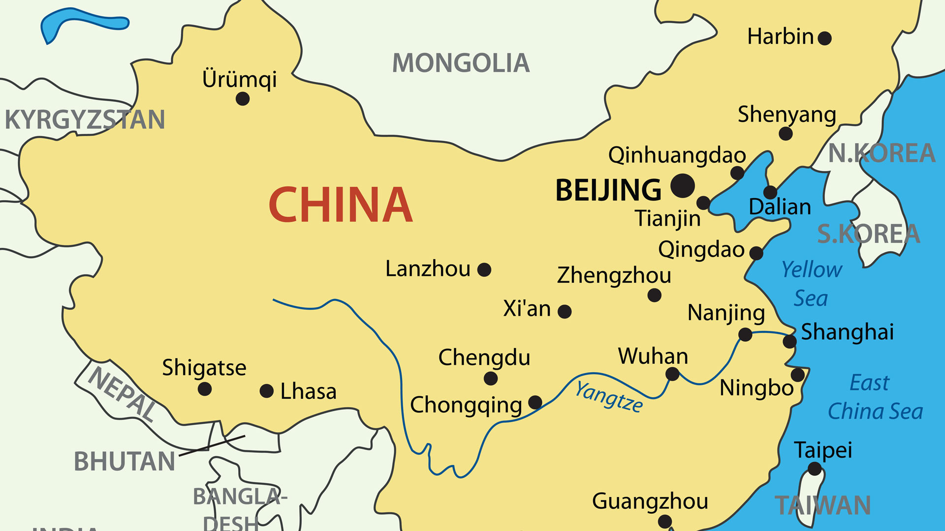 Simplified political map of China highlighting major cities such as Beijing, Shanghai, and Chengdu, as well as neighboring countries and bodies of water including the East China Sea and Yellow Sea.