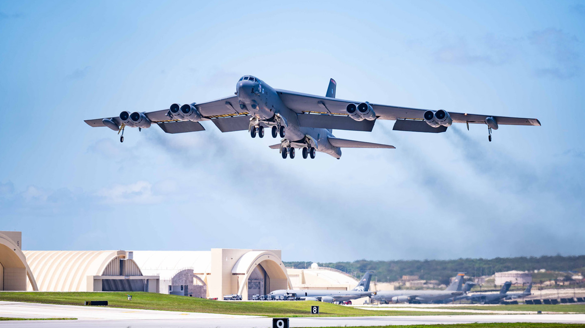 image of a B-52 taking off at an air force base