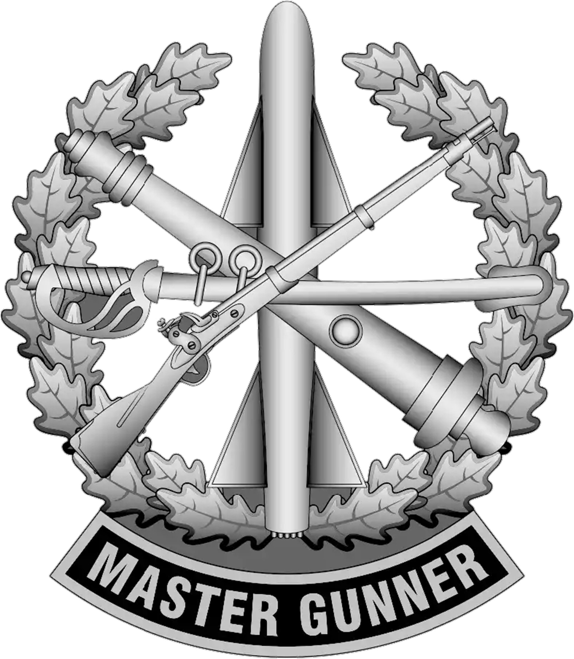 A military insignia badge featuring crossed artillery cannons, a sword, and a missile or rocket arranged in a circular pattern, surrounded by an oak leaf wreath. The badge has 'MASTER GUNNER' text on a black banner at the bottom.