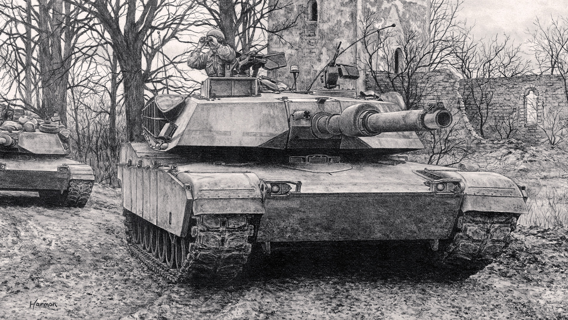 M1 Abrams tanks advancing past bare trees and damaged stone building in detailed black and white military illustration