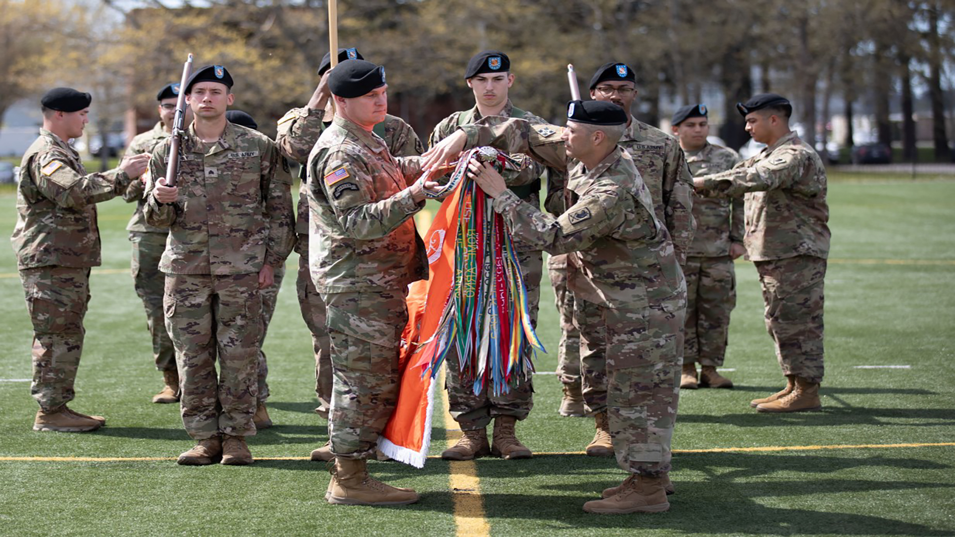 Photo of Lt. Col. Nicolas Beck and Command Sgt. Maj. Billy J. Atkinson, 51st ESB-E, case the colors at Joint Base Lewis-McChord, Washington, prior to deploying.