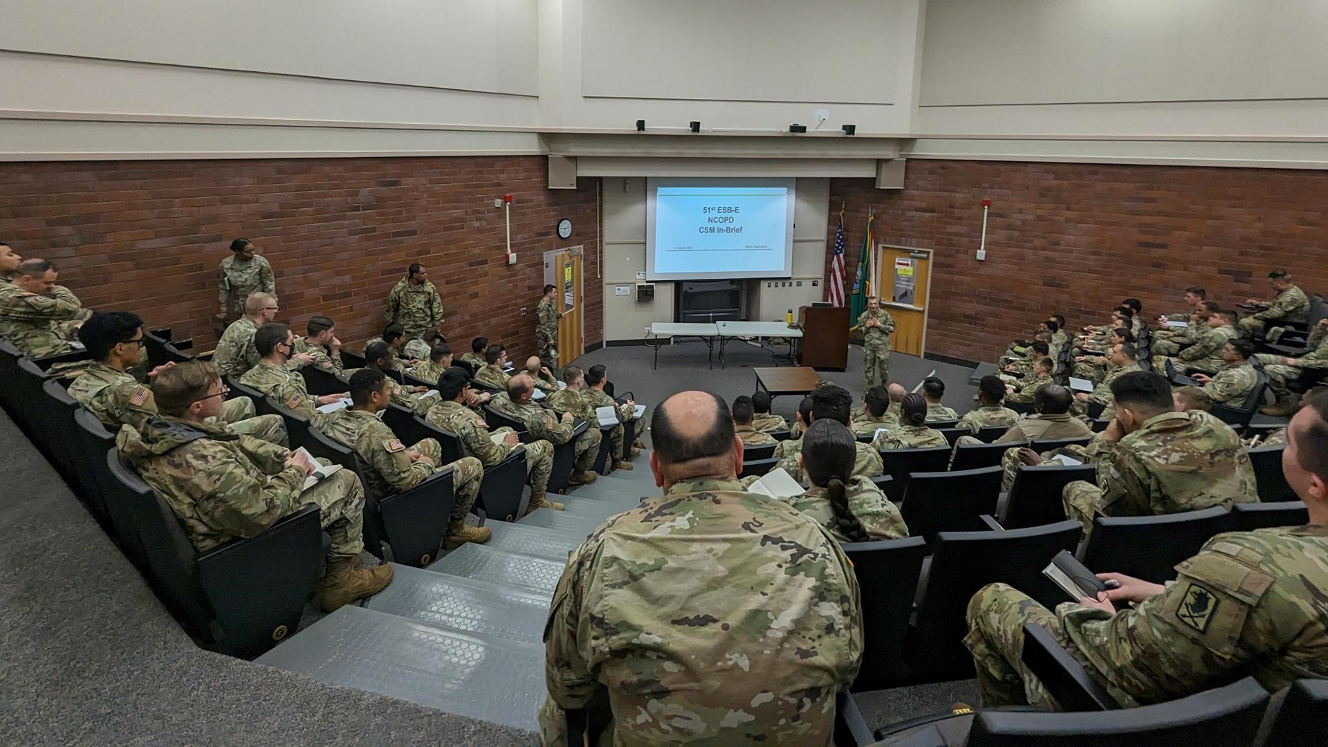 Phot ot of Command Sgt. Maj. Billy J. Atkinson, 51st ESB-E, conducts battalion NCO professional development at Joint Base Lewis-McChord, Washington.