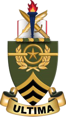 US Army Sergeants Major Academy logo, featuring a green shield with a star, laurel wreaths, a torch, a book, and swords. The word "ULTIMA" is written below the shield.