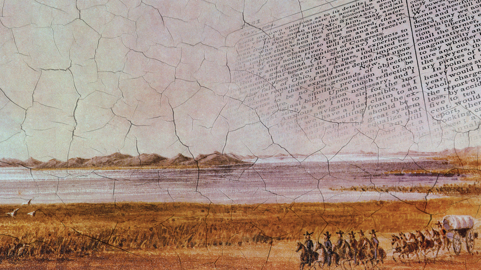 A weathered painting showing a prairie or plains landscape with a body of water in the middle distance. In the foreground, there are figures on horseback and what appears to be a covered wagon moving across grassland. The painting has visible cracking throughout, and an old newspaper or document text is superimposed in the upper portion. The scene likely depicts westward expansion or pioneer movement across the American frontier.