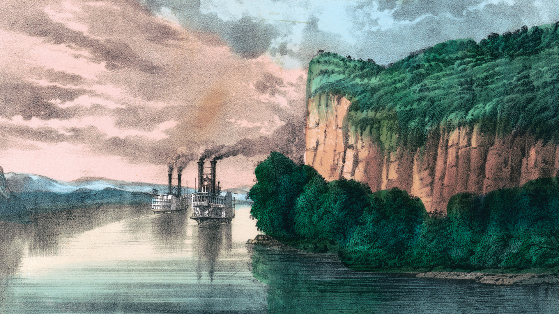  A color lithograph or print depicting steamboats on what appears to be the Mississippi River or another major American waterway. Two steamboats with smoking stacks travel on calm water, approaching tall bluffs or cliffs that rise dramatically on the right side of the image. The cliffs are covered with green vegetation atop tan/yellow rock faces. The scene has a pink-tinged sky suggesting dawn or dusk, and the overall color palette includes blues, greens, and earth tones.