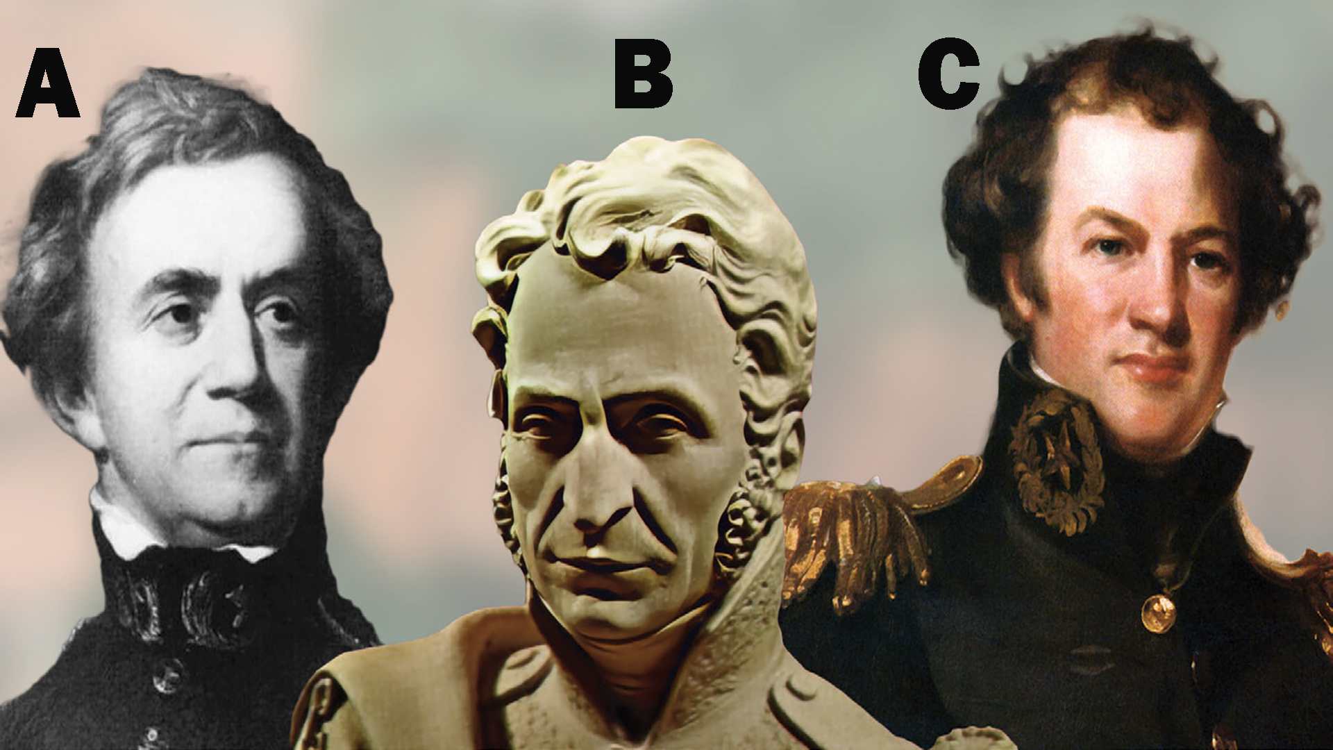  A composite image labeled with letters A, B, and C showing three historical figures. Image A shows a man in formal 19th century attire. Image B displays what appears to be a white marble or plaster bust sculpture. Image C shows another man in military-style formal attire with decorated epaulettes on the shoulders.