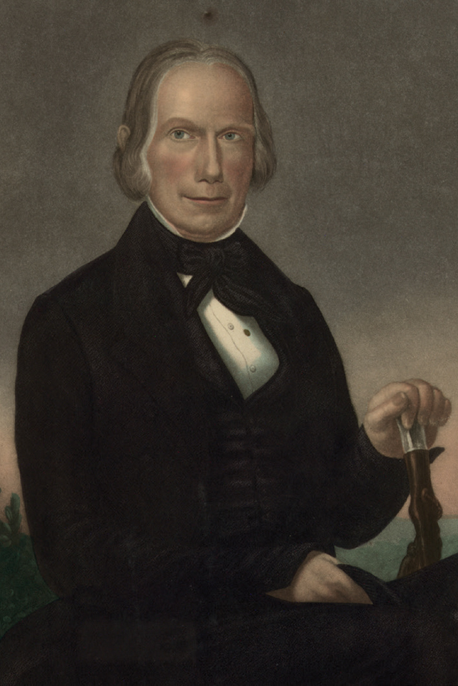  A formal portrait of a man from the early 19th century with shoulder-length hair parted at the side. He wears a dark formal coat with high collar over a white shirt with visible buttons. His hand rests on what appears to be a walking stick or cane. The portrait has a muted color palette typical of early hand-colored prints or paintings.