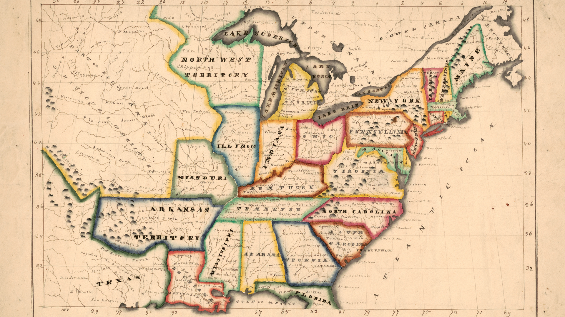  A historical hand-colored map of the eastern United States from the early 19th century. The map shows territories and states including the Northwest Territory, Missouri, Arkansas Territory, Illinois, Kentucky, Tennessee, and states along the Atlantic seaboard. The Great Lakes are visible in the north. State boundaries are marked with different colors, and mountain ranges are indicated by small shaded drawings. Grid lines with numerical coordinates frame the map.