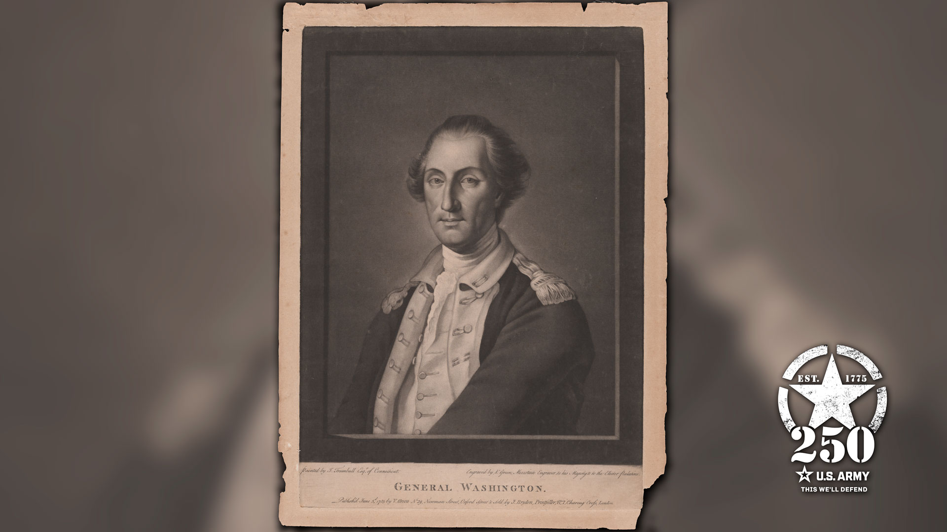 Historic portrait of General George Washington in uniform, with a U.S. Army 250th anniversary logo in the bottom right corner.