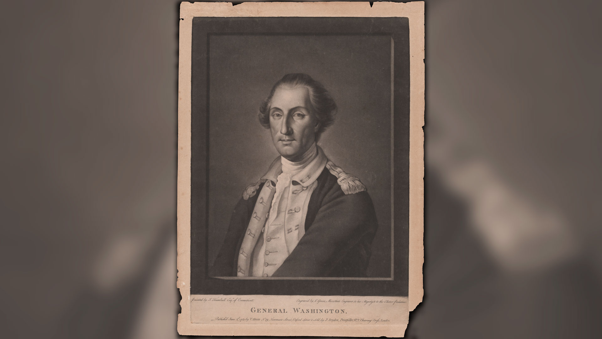 Historic portrait of General George Washington in military uniform.