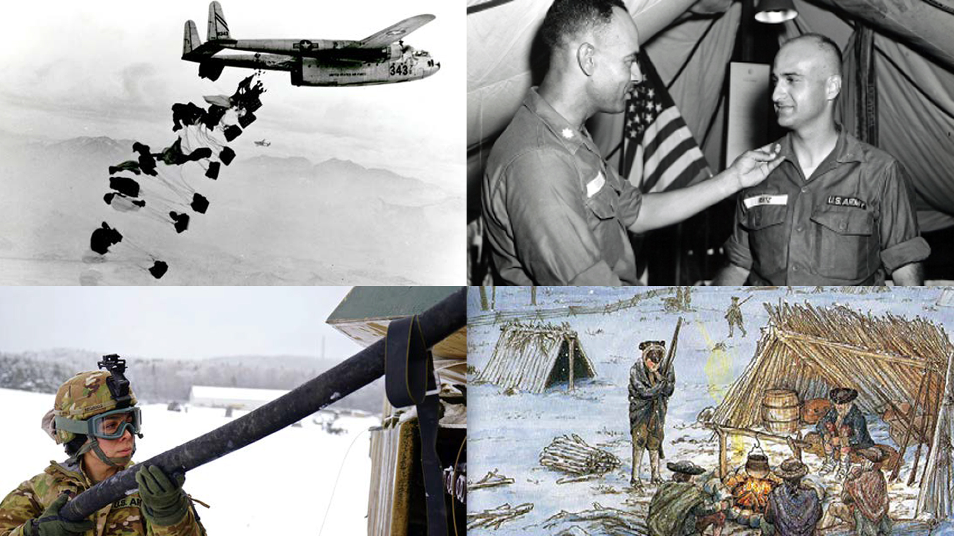Four-panel composite of military scenes: top left shows black and white photo of paratroopers jumping from transport aircraft over mountains, top right shows two U.S. Army soldiers in a tent with American flag during what appears to be an award ceremony, bottom left shows modern soldier in winter gear operating equipment in snowy conditions, bottom right shows historical illustration of soldiers around campfire near makeshift shelters in winter