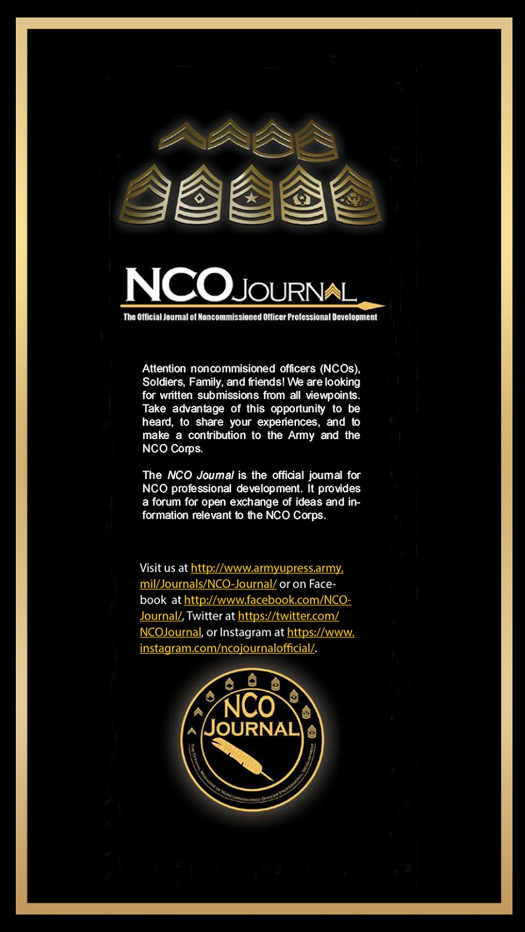 NCO Journal advertisement featuring the publication's branding and promotional message, 
        encouraging engagement with the journal through various platforms, likely including print and digital formats.