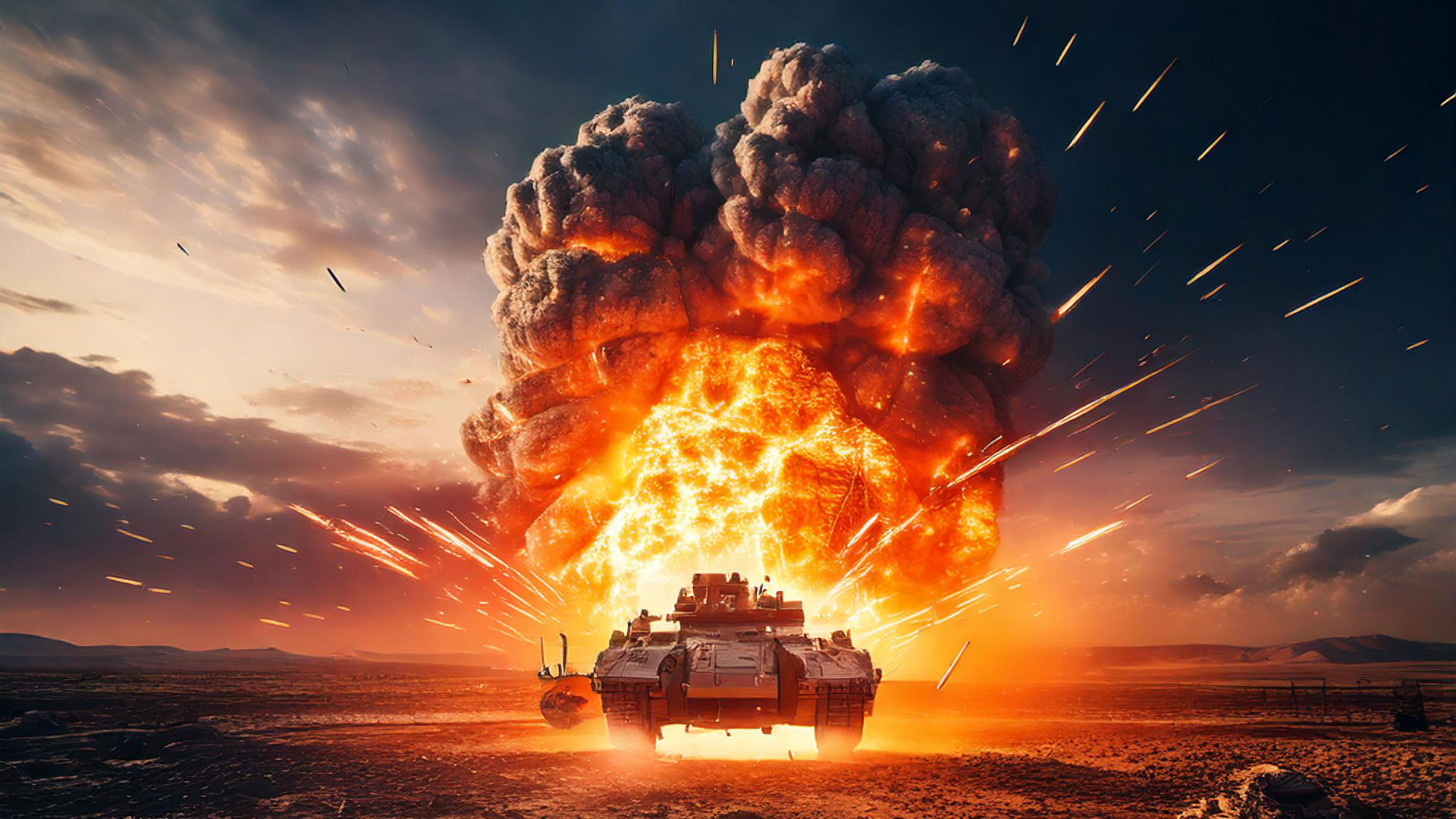 Tank advancing across a desert battlefield with a massive fiery explosion behind