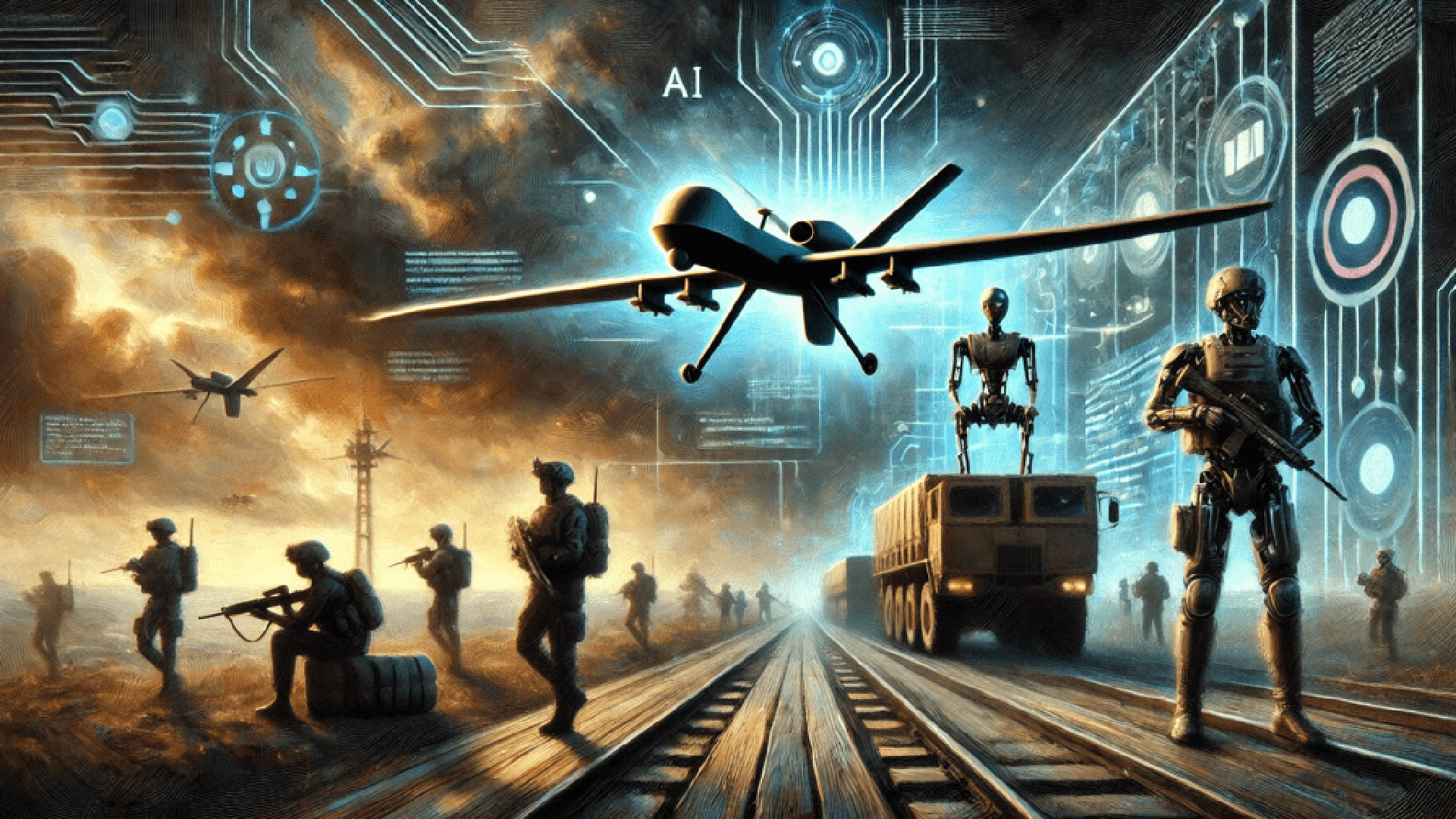 Futuristic digital artwork depicting the evolution of warfare with human soldiers advancing alongside autonomous drones, AI interfaces, and humanoid robots. Central imagery includes a large unmanned aerial drone illuminated by a glowing blue background, flanked by robotic soldiers and military transport vehicles. Data streams, circuit board graphics, and the letters “AI” emphasize the integration of artificial intelligence in combat operations.