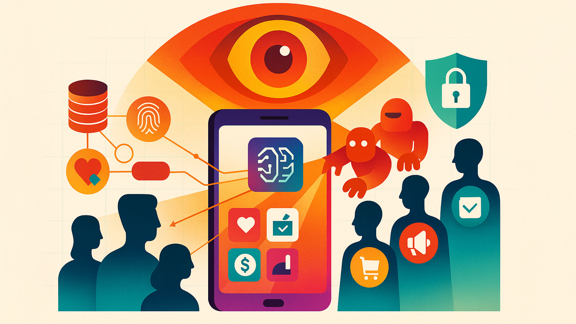 A stylized illustration depicting a large, ominous eye looming over a smartphone at the center, symbolizing constant monitoring. The phone displays app icons, including a heart, a checkmark, a dollar sign, and a shopping cart, representing user data. Lines connect the phone to silhouettes of people, while red, shadowy figures resembling bots reach toward the phone. A fingerprint, database, and shield icon appear in the background, symbolizing data collection, privacy concerns, and security.