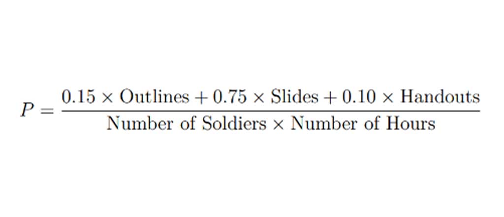 Mathematical formula: P equals 0.15 times Outlines plus 0.75 times Slides plus 0.10 times Handouts, divided by Number of Soldiers times Number of Hours