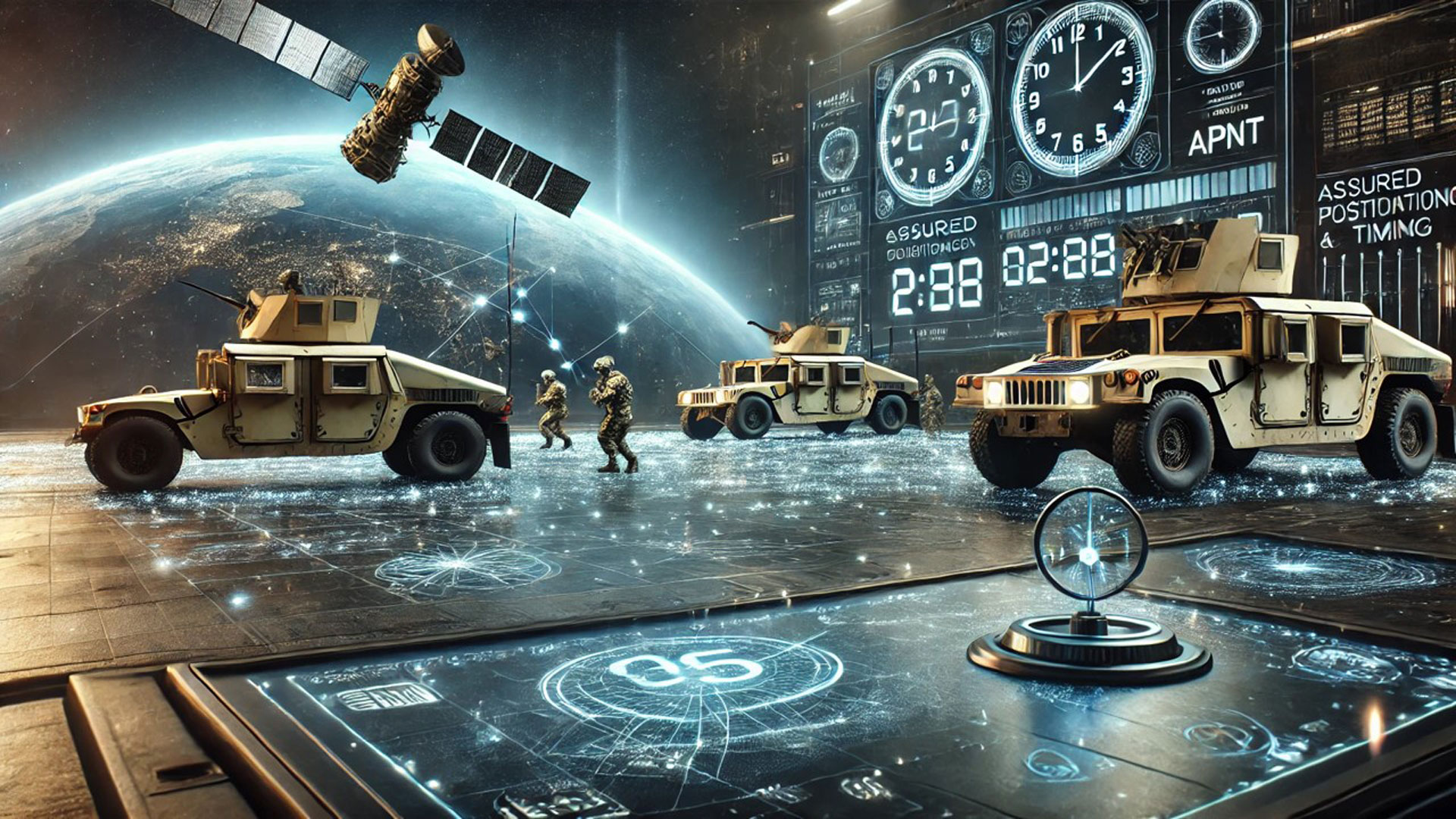 Photo illustration depicting satellite positioning, time, soldiers, and navigation techniques working in unison. 