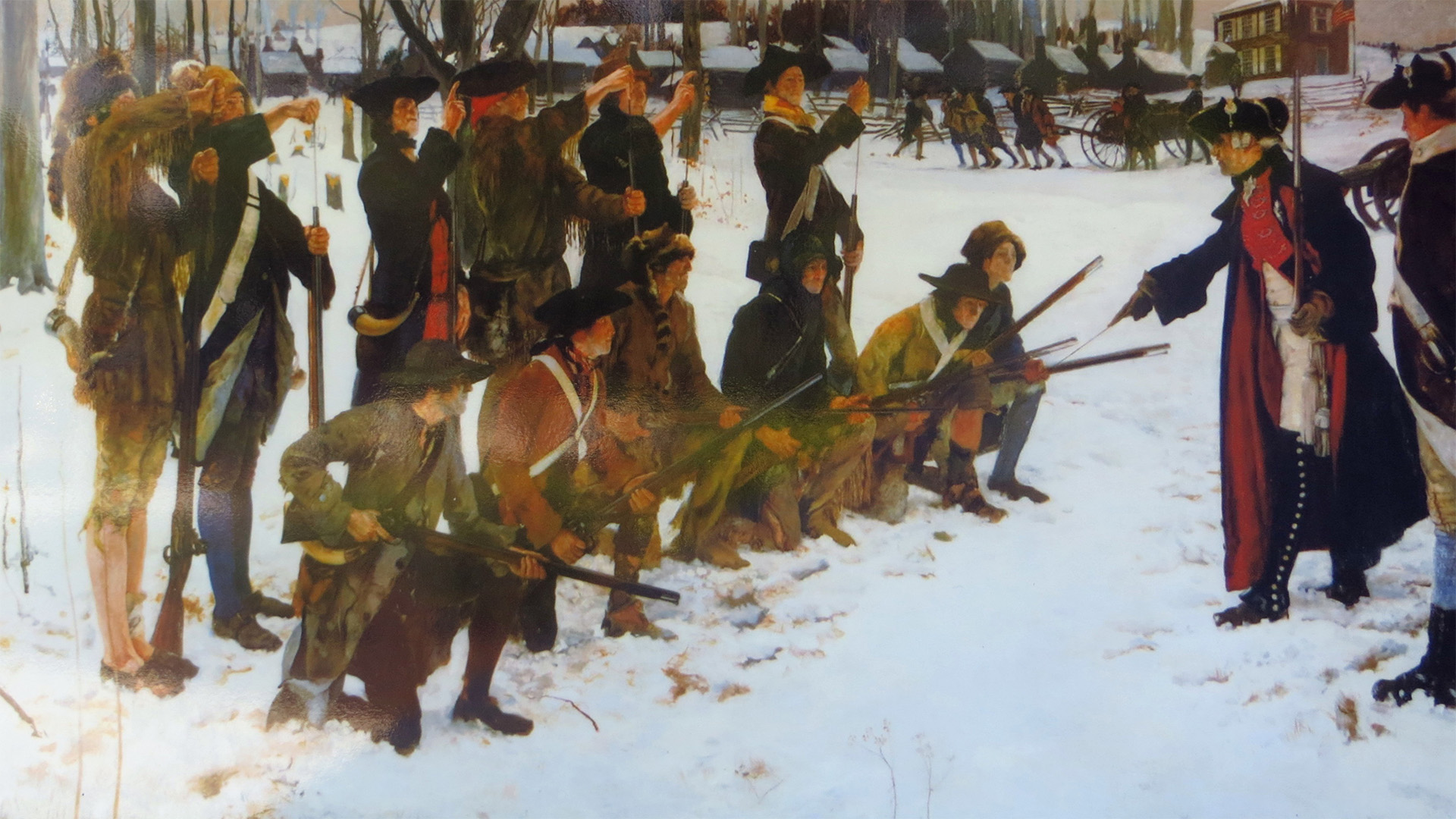 Picture of a painting that depicts the actions at valley of forge in 1778. 