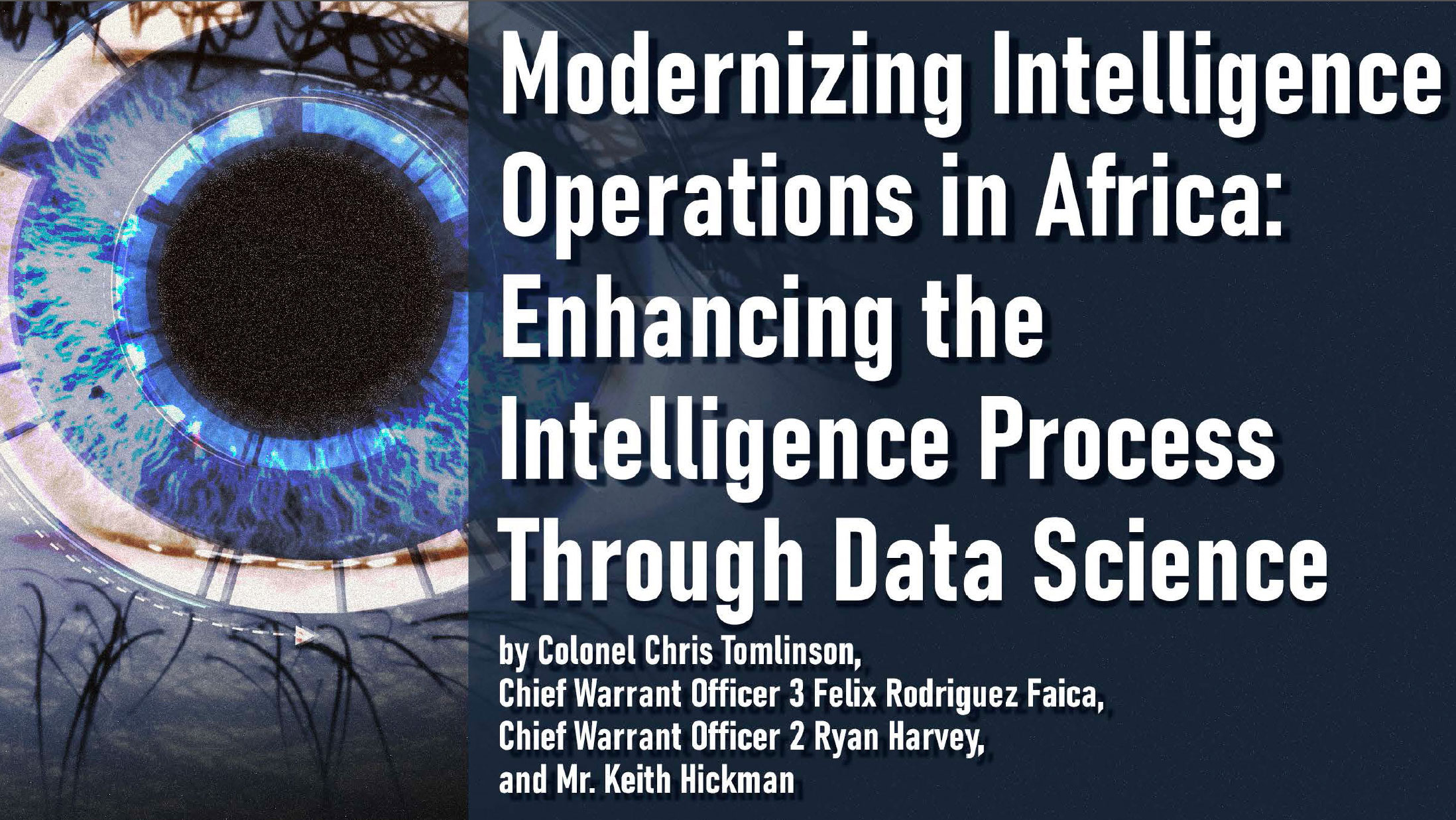 Close-up of a human eye with digital blue overlays, paired with the title text 'Modernizing Intelligence Operations in Africa: Enhancing the Intelligence Process Through Data Science' and author credits.