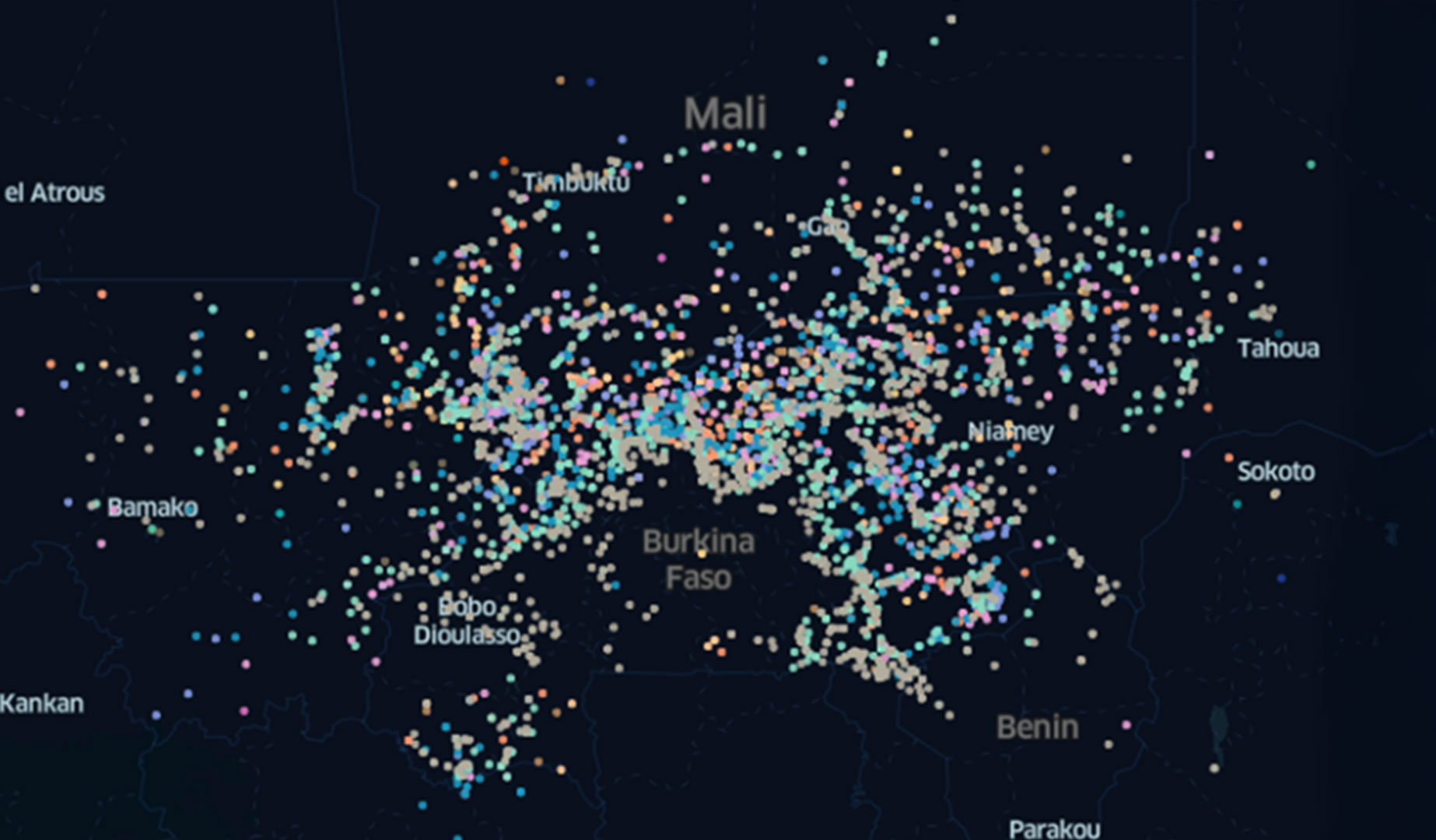 Large clusters of dots reprenting possible data overlayed on a map.