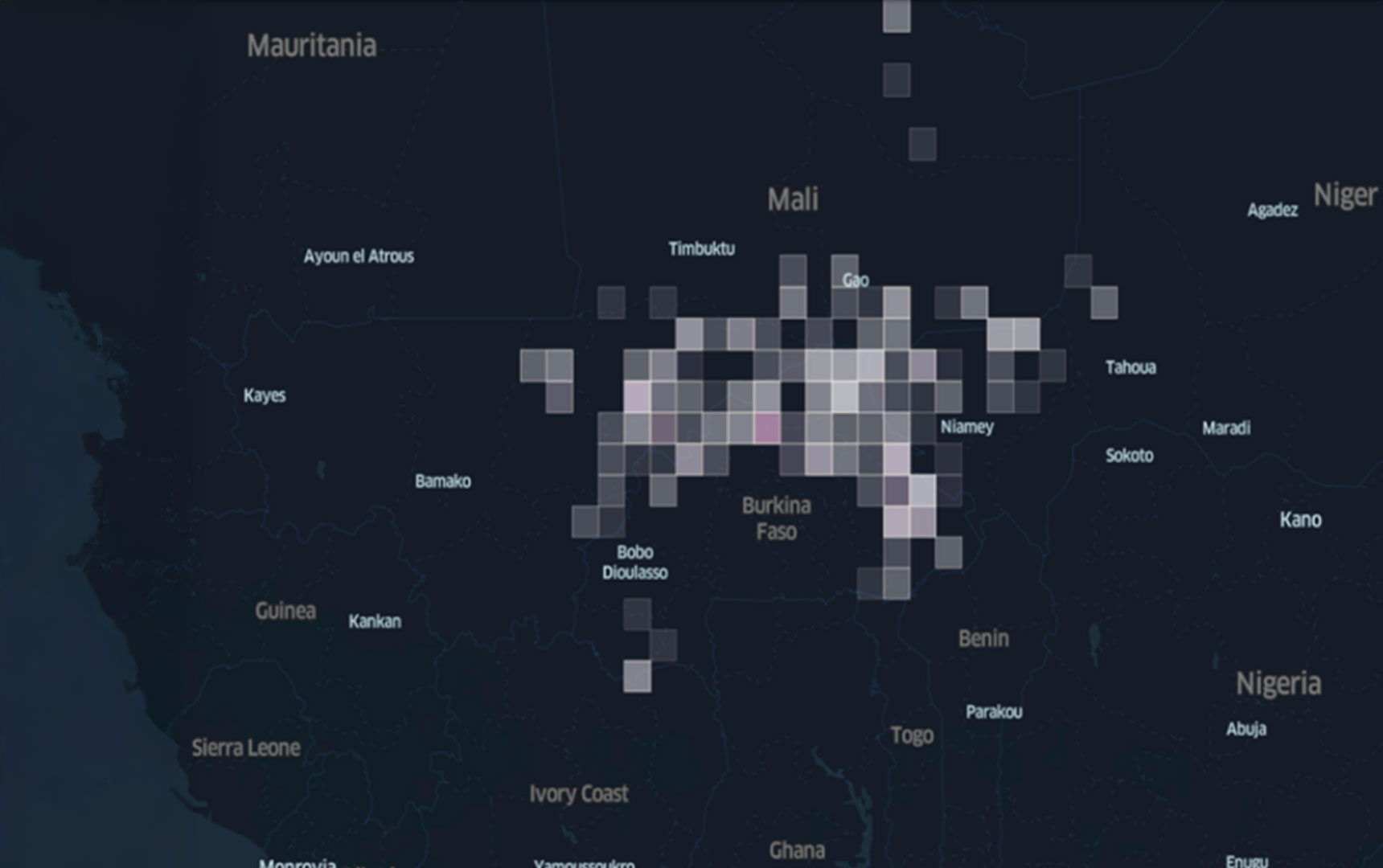 Large clusters of dots reprenting possible data overlayed on a map.