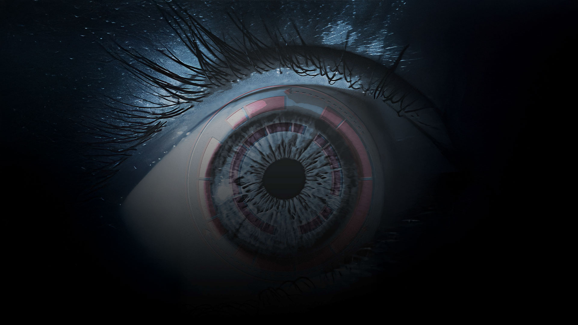 A close-up digital rendering of a human eye with technological overlay elements, featuring circular 
                    interface graphics and data visualization patterns superimposed on the iris, representing surveillance, 
                    artificial intelligence, or biometric technology concepts