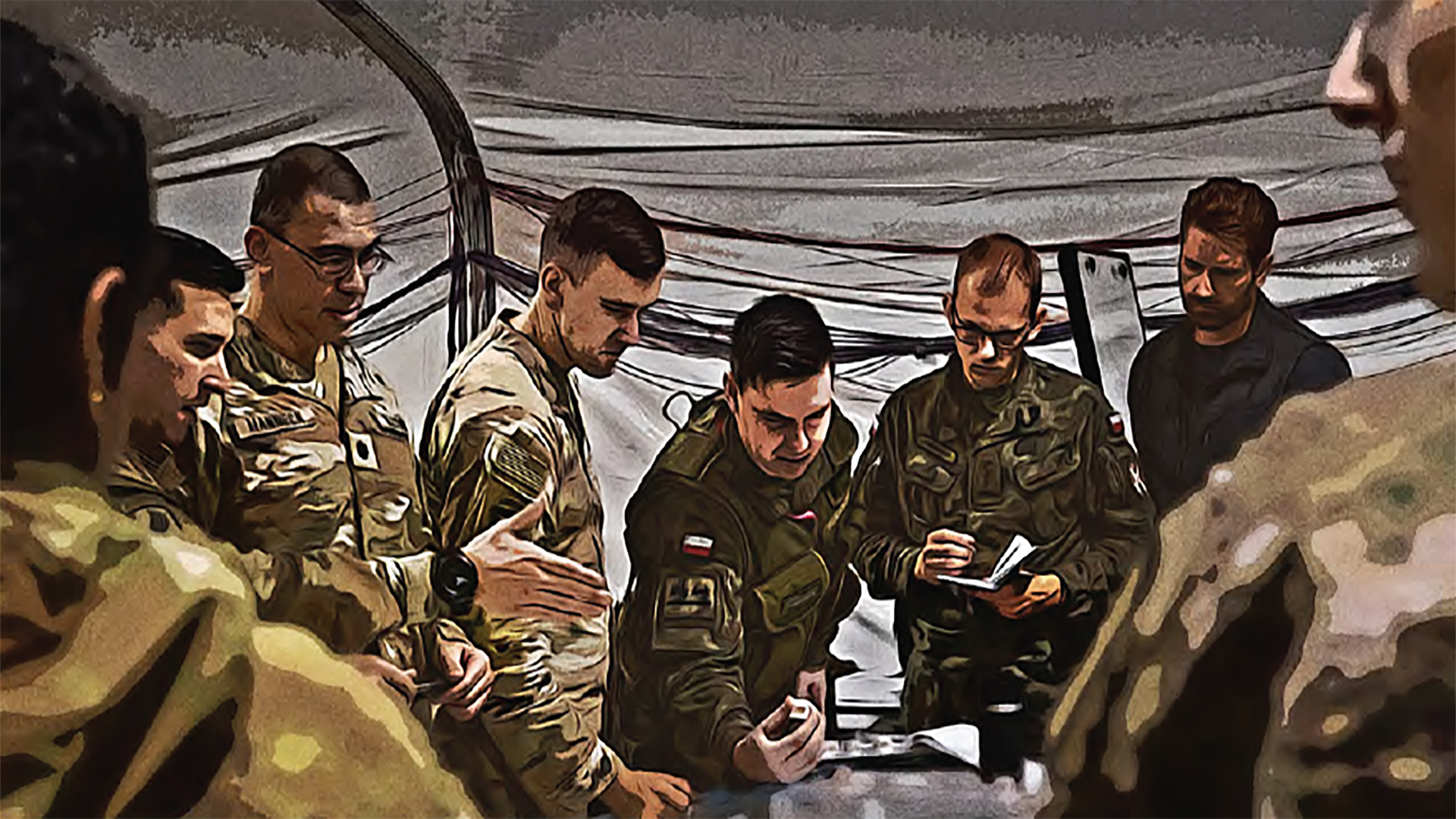 Group of six military personnel in various camouflage uniforms gathered around a table inside what appears to be a military tent or temporary shelter. They are engaged in discussion while looking at documents and mobile devices, suggesting a planning or briefing session. The scene has an artistic, stylized appearance with enhanced contrast and coloring.