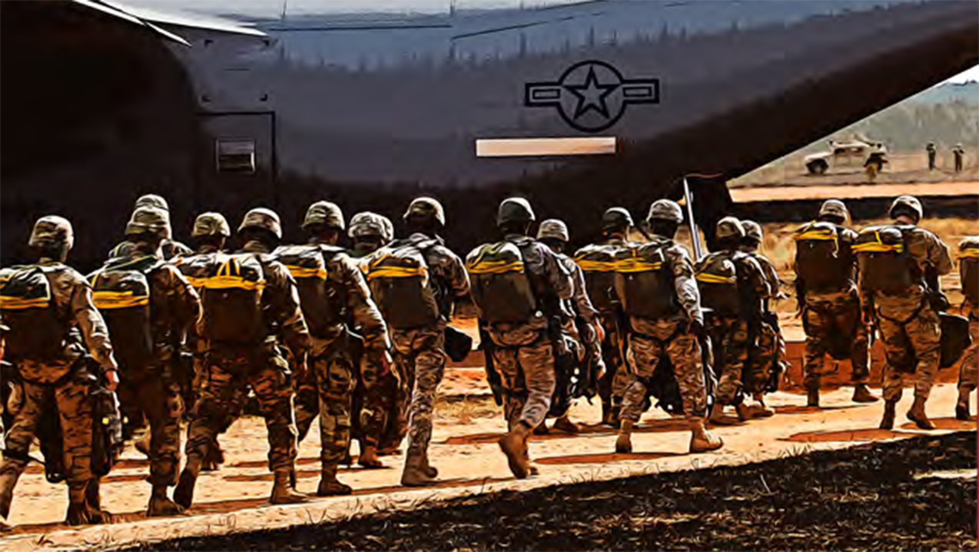 Group of soldiers in camouflage uniforms and helmets boarding or disembarking from a military aircraft with U.S. Air Force star insignia. The scene appears to be at an airfield or landing zone with mountainous terrain in the background during daylight hours.