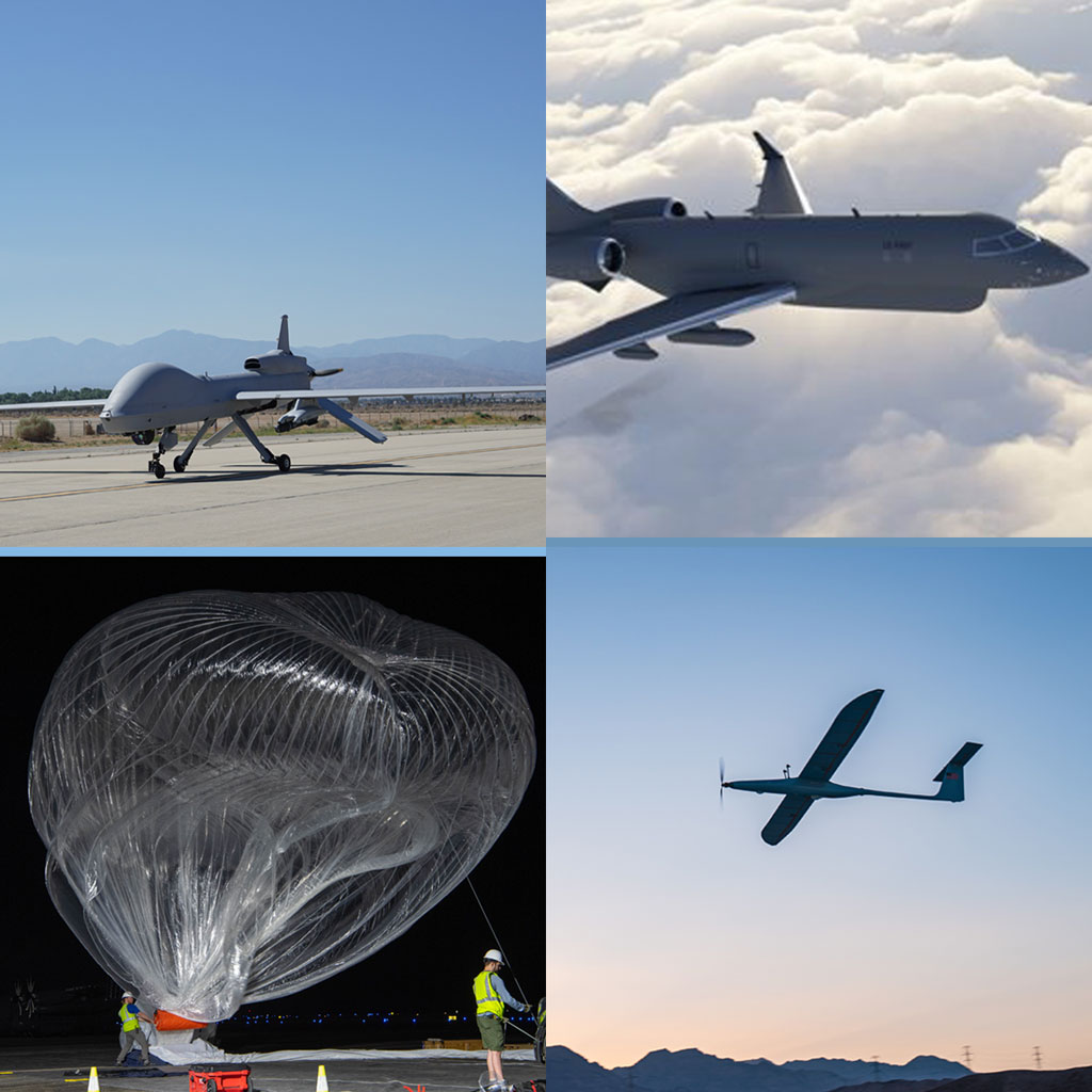 Four-panel composite image showing aerial surveillance platforms: Top left—MQ-1 Predator UAV on runway; Top right—manned surveillance jet flying above clouds; Bottom left—high-altitude balloon being prepared for launch at night; Bottom right—long-endurance UAV in flight during sunset.
