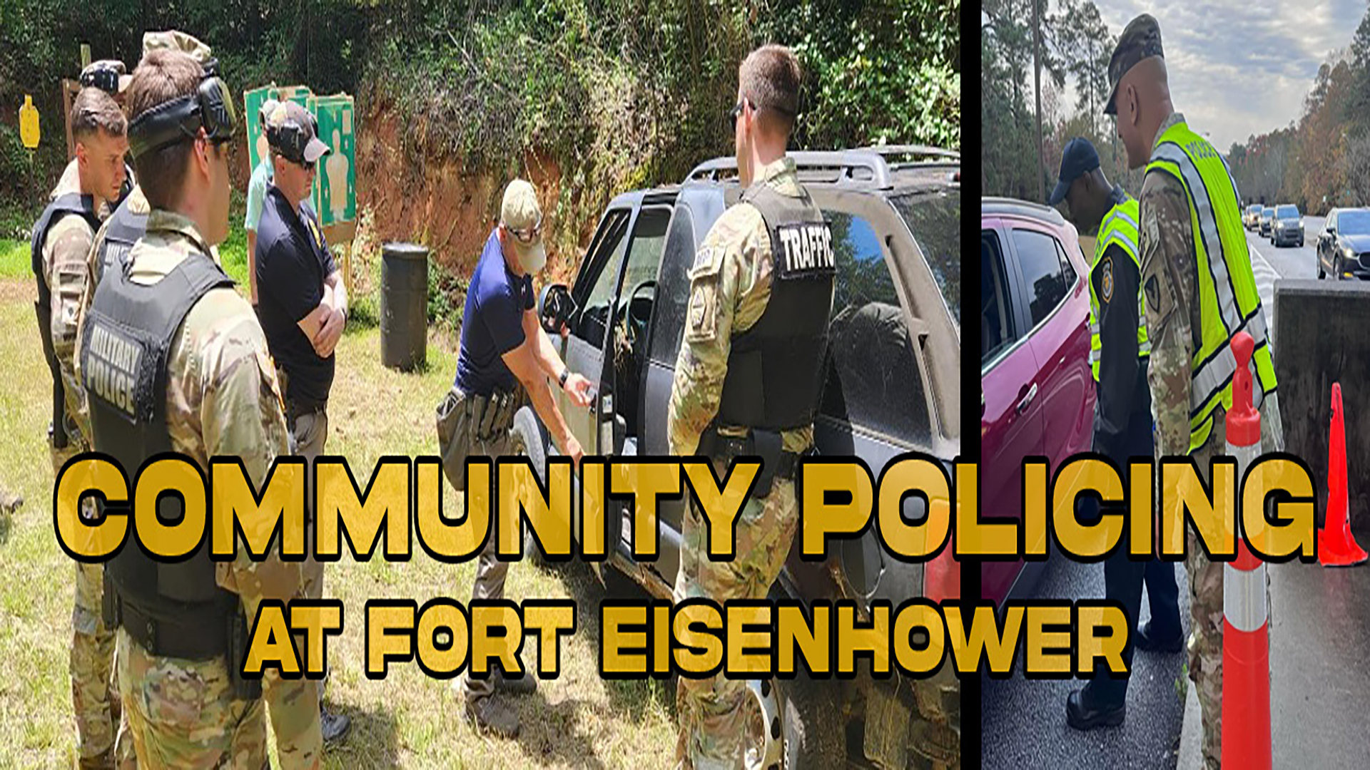 Title slide with white text on a sepia-toned background reading 'Community Policing at Fort Eisenhower'