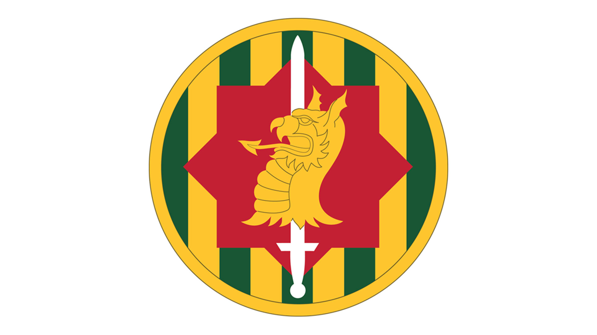 89th Military Police Brigade insignia with a griffin, sword, and red star on green and gold stripes.