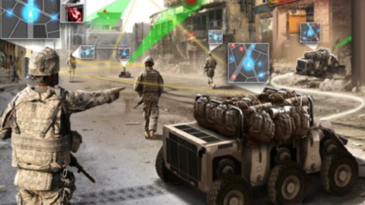 Concept illustration of soldiers in an urban battlefield surrounded by holographic tactical displays and network links, alongside an autonomous robotic supply vehicle, depicting human-machine integration and AI-enabled protection