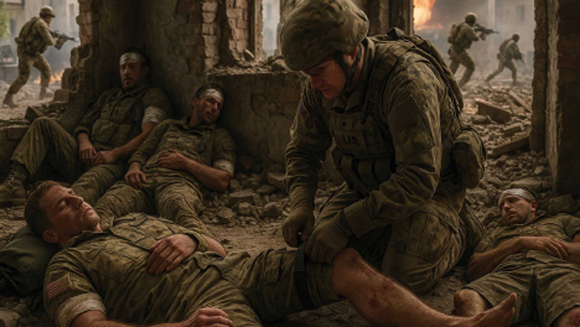 AI image of a U.S. Army soldier tends to a wounded comrade inside a crumbling urban structure, surrounded by other injured soldiers while combat continues outside with fire and armed troops.