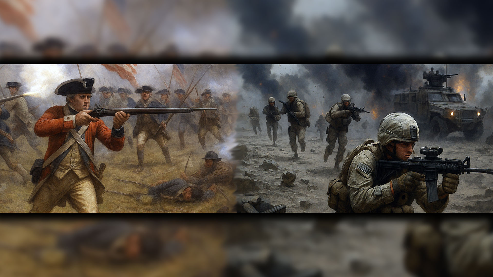 A digital painting depicting U.S. Army soldiers from two eras: Revolutionary War soldiers on the left and modern combat troops on the right.