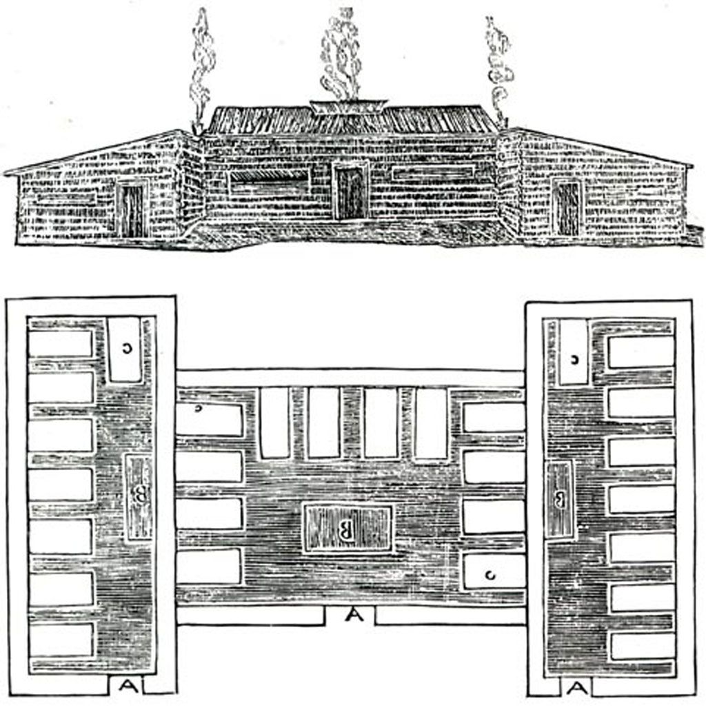 A historical drawing of a hospital layout, with a log cabin design shown from the front and top views. The structure has multiple patient beds and smoking chimneys, labeled with letters A through C.