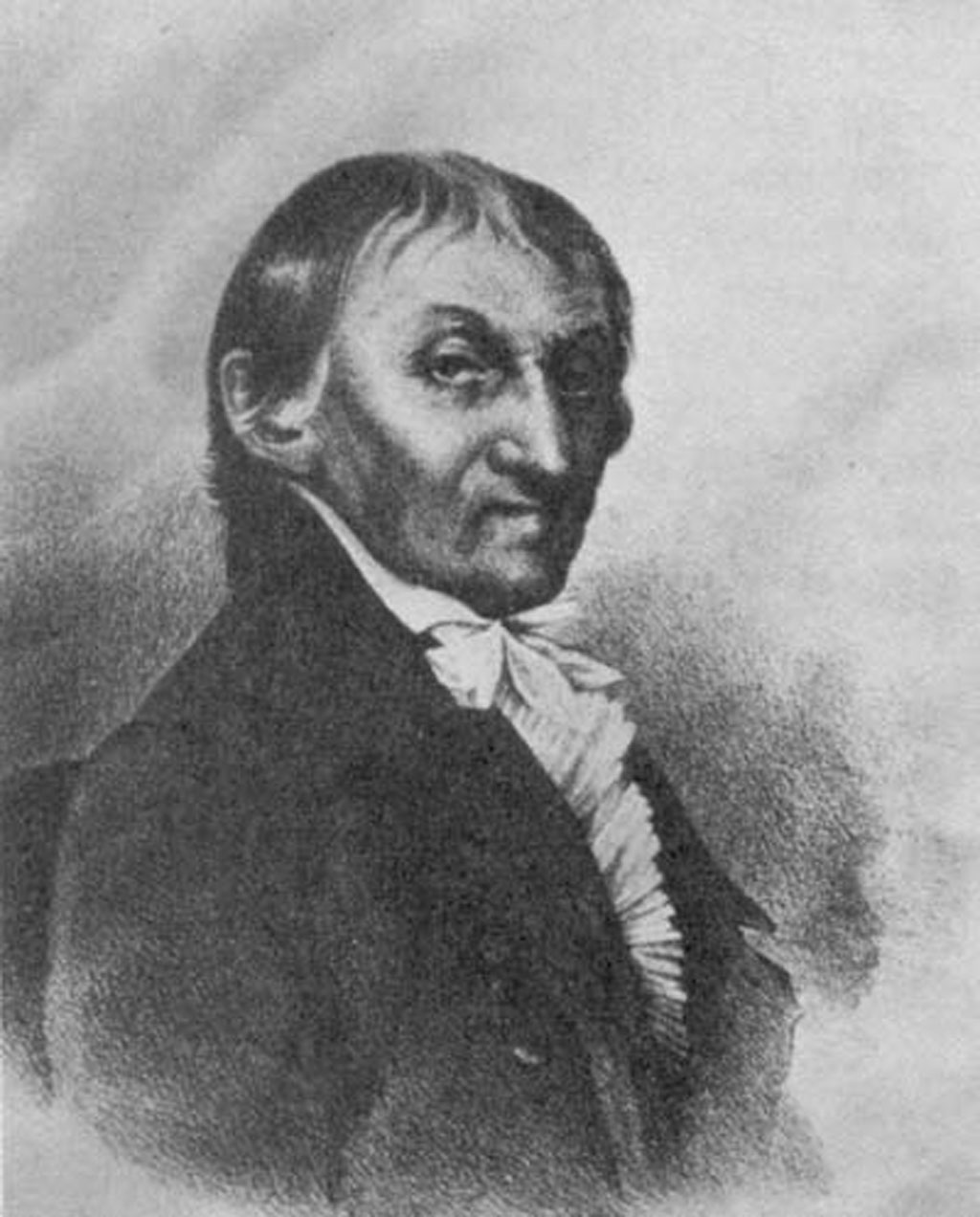 A black-and-white illustration of a man in formal attire, shown from the chest up, with short hair and a stern expression. The style suggests it is an early American historical figure.