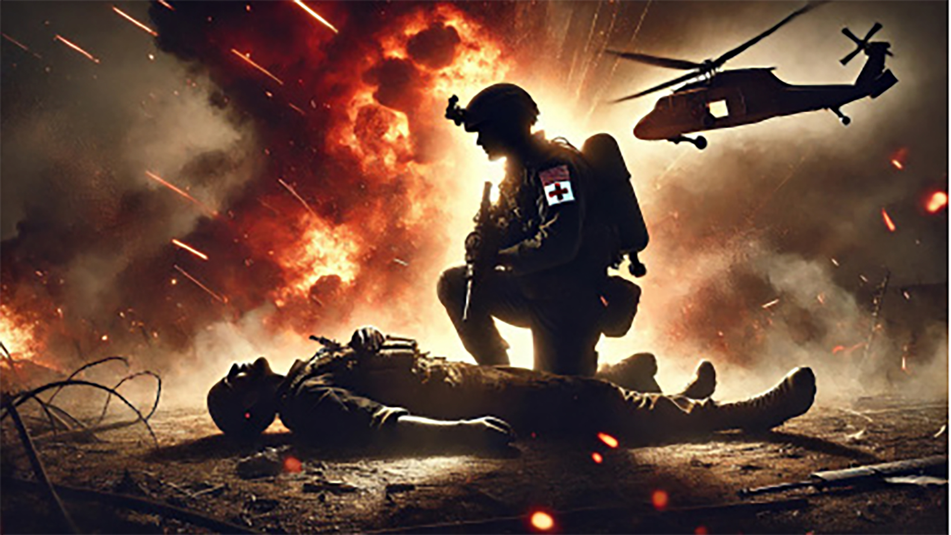 A dramatic military scene showing the silhouette of an armed soldier against a backdrop of explosions and smoke. Military helicopters are visible in the sky, and there appear to be vehicles or tanks in the scene. The image has an intense, wartime atmosphere with bright orange flames and dark smoke creating a stark contrast against the soldier's silhouette.