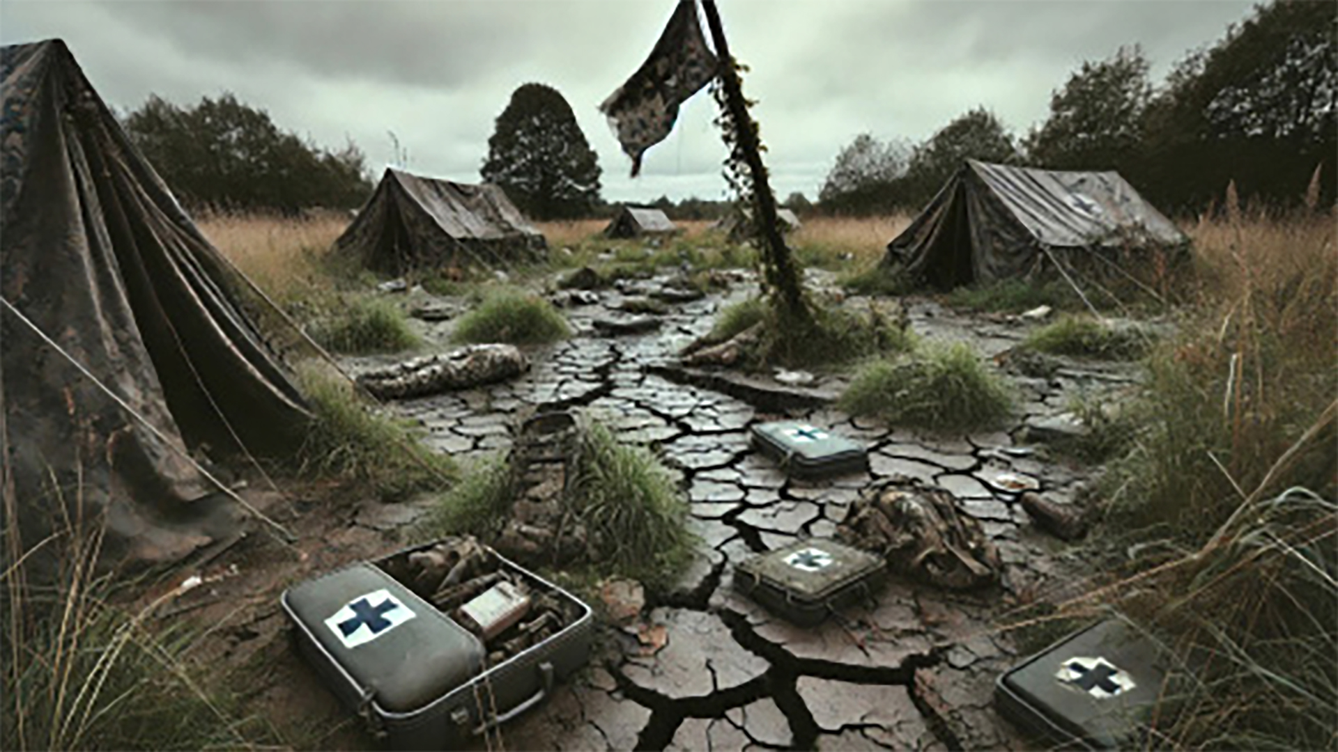  A panoramic view of a military field camp with several olive green canvas tents set up in tall grass. The tents appear to be standard military field shelters arranged in a line, with trees visible in the background under an overcast sky. The scene has a rustic, outdoor training environment appearance