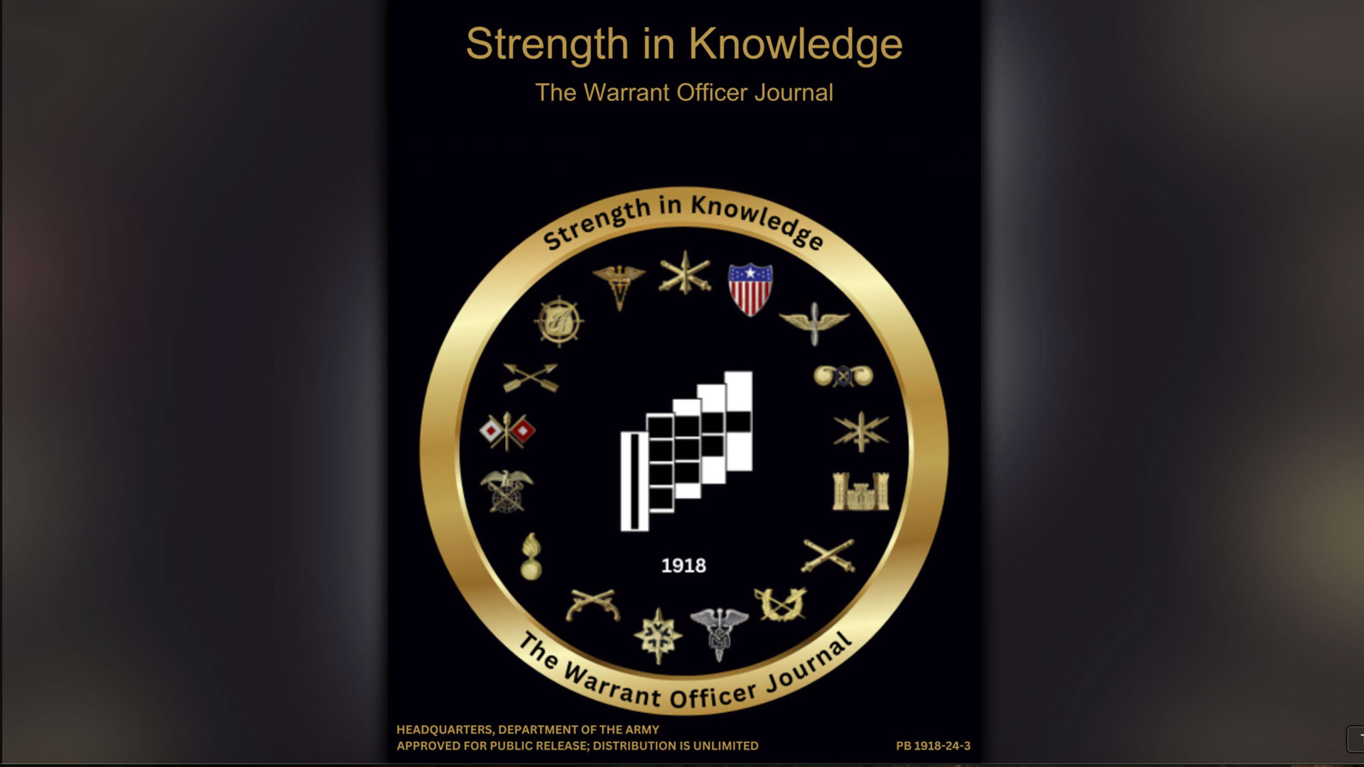 Cover of Strength in Knowledge: The Warrant Officer Journal featuring a gold ring of military insignias surrounding the Warrant Officer Corps symbol and the year 1918 on a black background.