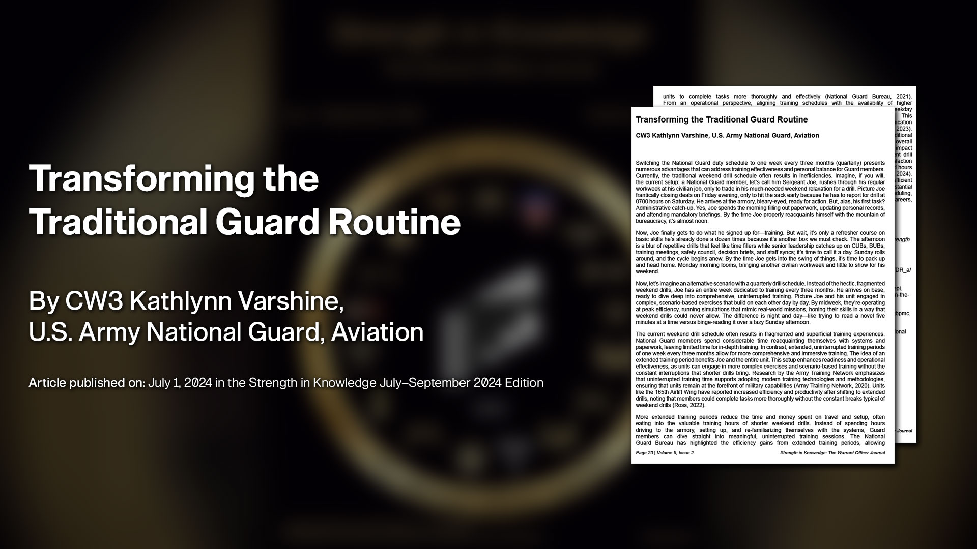 A promotional graphic for a military article titled Transforming the Traditional Guard Routine by CW3 Kathlynn Varshine of the U.S. Army National Guard, Aviation. The background features a blurred seal of the National Guard, while the right side displays a readable excerpt of the article in document form. The article was published on July 1, 2024, in the July–September edition of Strength in Knowledge.