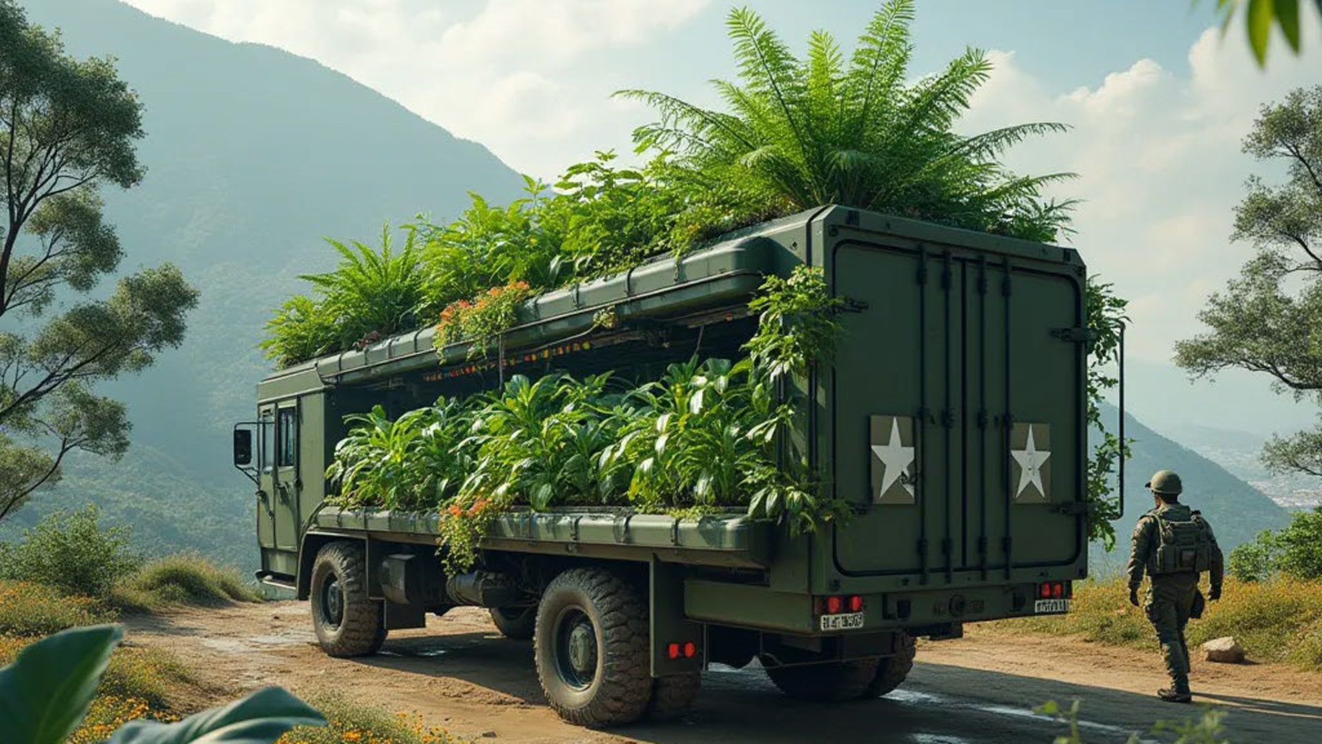 Image: Image represents a wide view of a futuristic U.S. Army mobile hydroponic garden