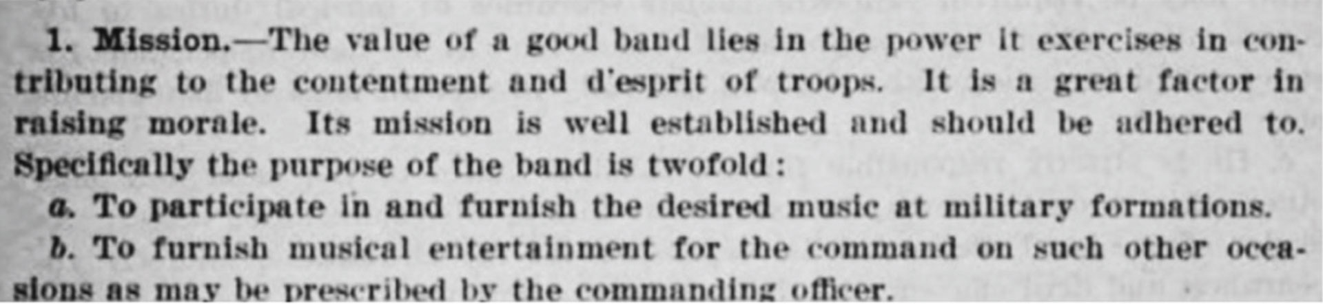 Excerpt from a military manual describing the mission of a band, emphasizing its role in boosting troop morale and providing music at military formations and official events.