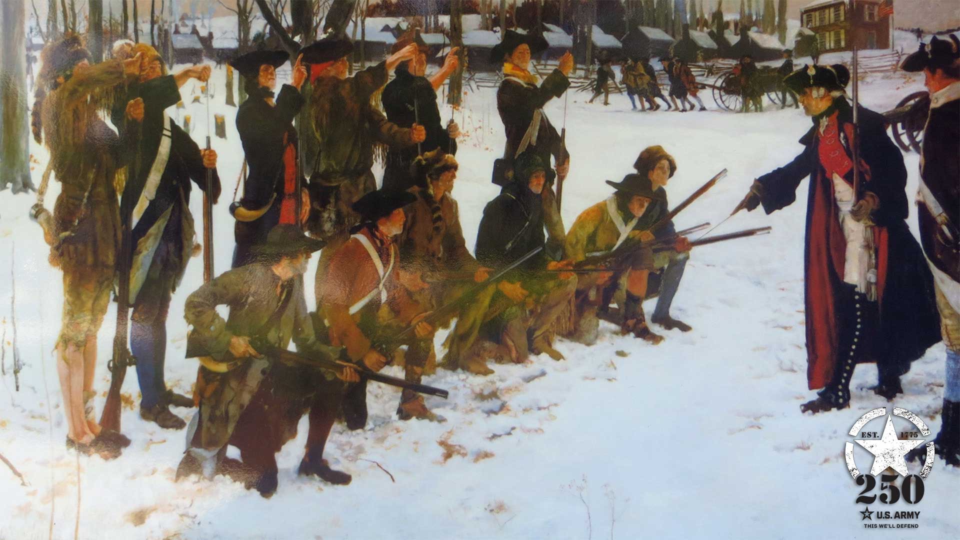 Historical painting depicting Continental Army soldiers at Valley Forge during winter, showing troops in various states of dress including tricorn hats and period military uniforms. U.S. Army 250th anniversary emblem displayed in bottom right corner.