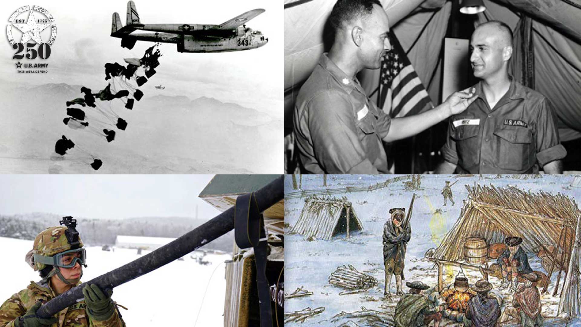 Four-panel composite of military scenes: top left shows black and white photo of paratroopers jumping from transport aircraft over mountains, top right shows two U.S. Army soldiers in a tent with American flag during what appears to be an award ceremony, bottom left shows modern soldier in winter gear operating equipment in snowy conditions, bottom right shows historical illustration of soldiers around campfire near makeshift shelters in winter